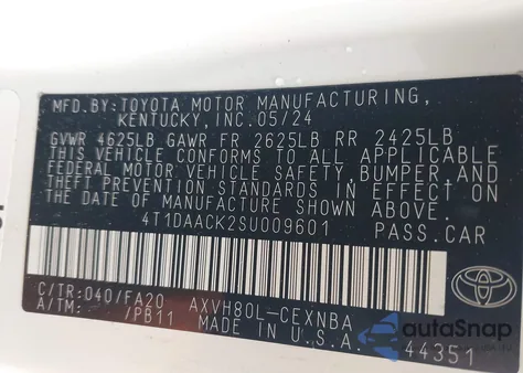 2025 Toyota Camry Le/Se/Xle/Xse from USA, damaged, VIN 4T1DAACK2SU009601